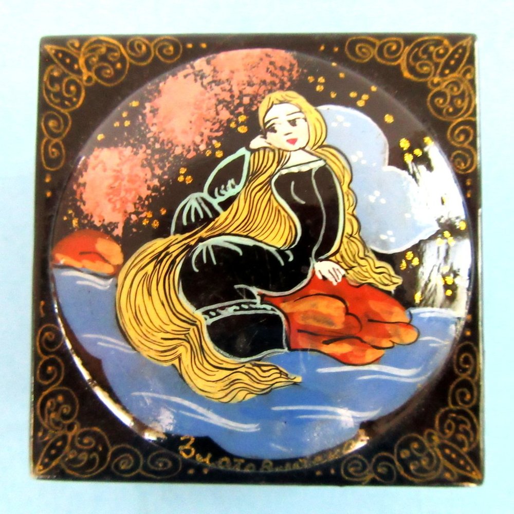 Laminated painted wood ring box with mermaid - trinket box